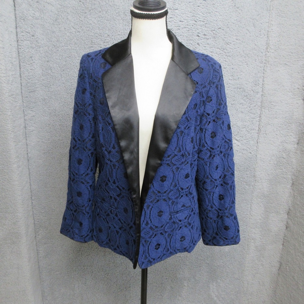 Chicos Blazer Jacket Women 8 Chicos 1 Blue Lace Tuxedo Shawl Collar Line Evening